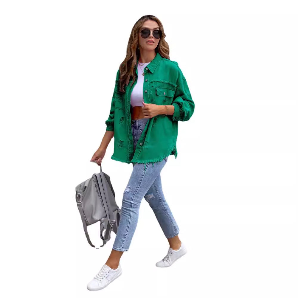 Damen stylische Oversized Jeansjacke mit distressed Effekt Drune