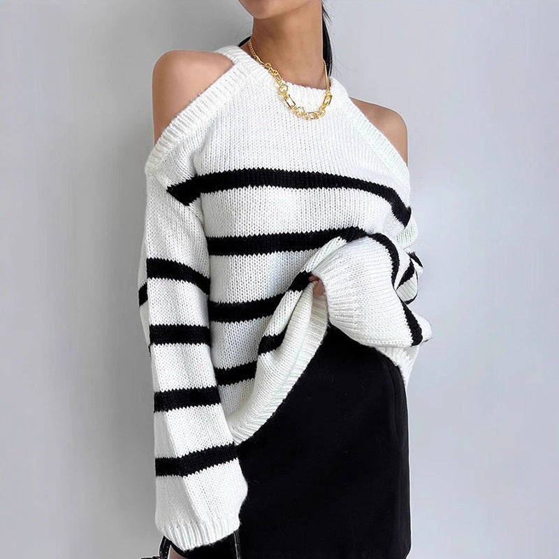 Damen Off-Shoulder Strickpullover mit Streifenmuster und lässigem Schnitt Drune
