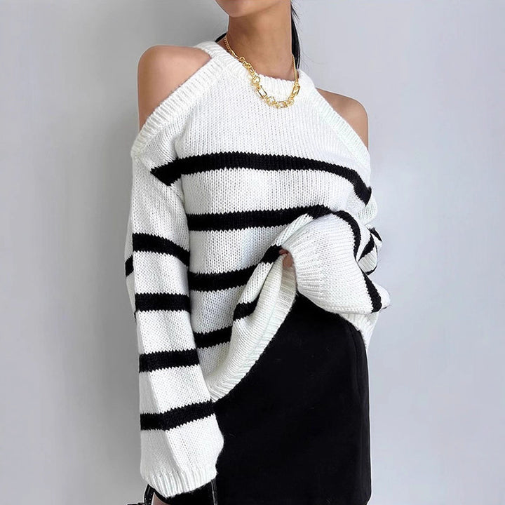Damen Off-Shoulder Strickpullover mit Streifenmuster und lässigem Schnitt Drune