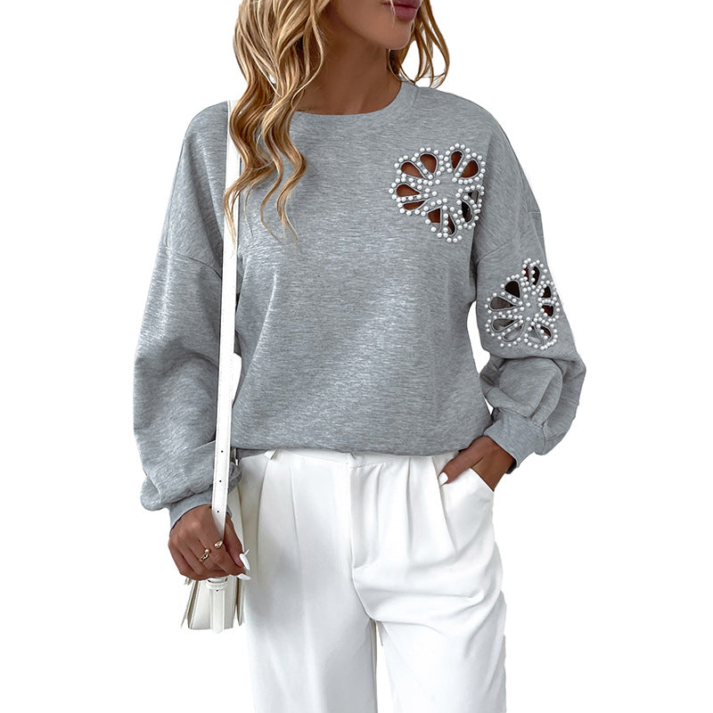 Damen lässiger Sweatshirt mit eleganten Ausschnitten und Perlendetails Drune