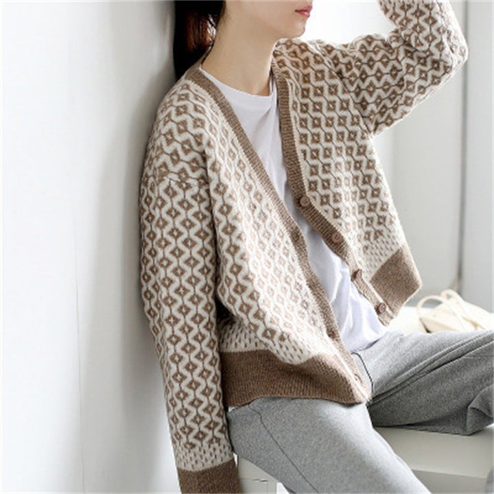 Damen elegante Strickjacke mit geometrischem Muster und Knopfdetails Drune