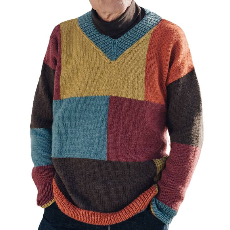 Herren gemusterter Pullover mit Farbblockdesign und modernem V-Ausschnitt Drune