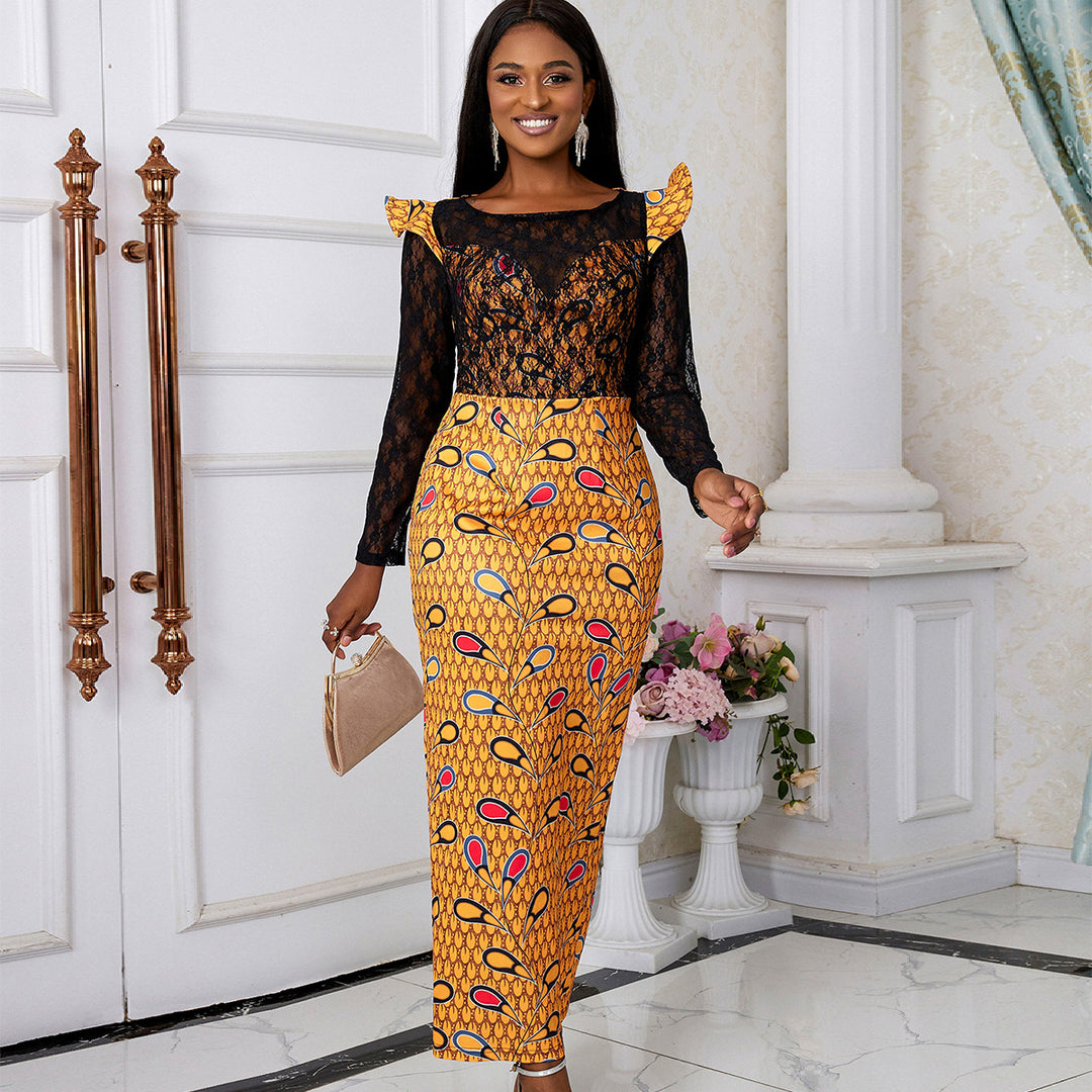Damen Elegantes Langarmkleid mit floralem Muster und transparenter Spitzeneinlage Drune