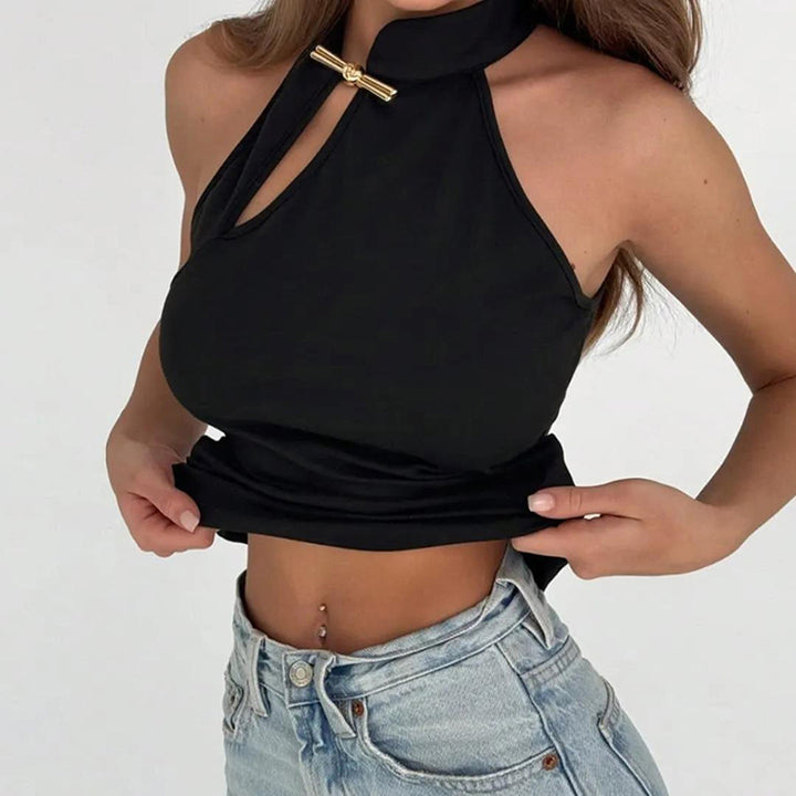 Damen Hochgeschlossenes Sporttop mit dekorativem Schlitz und eleganter Schnalle Drune