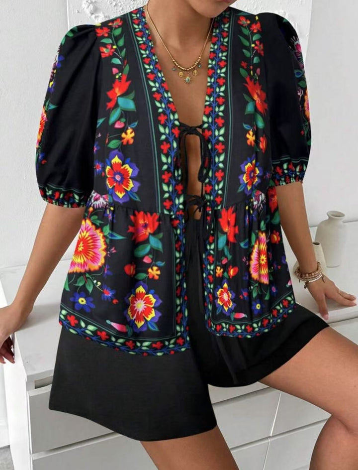 Damen Blusenshirt mit buntem Blumenmuster und lockerer Passform Drune