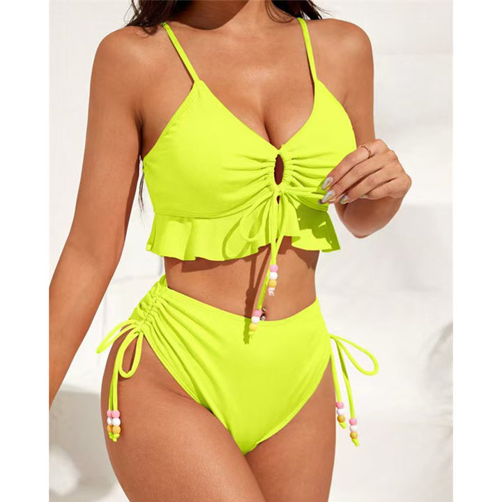 Damen Hochgeschnittenes Rüschen-Bikini-Set mit verstellbaren Bändern Drune