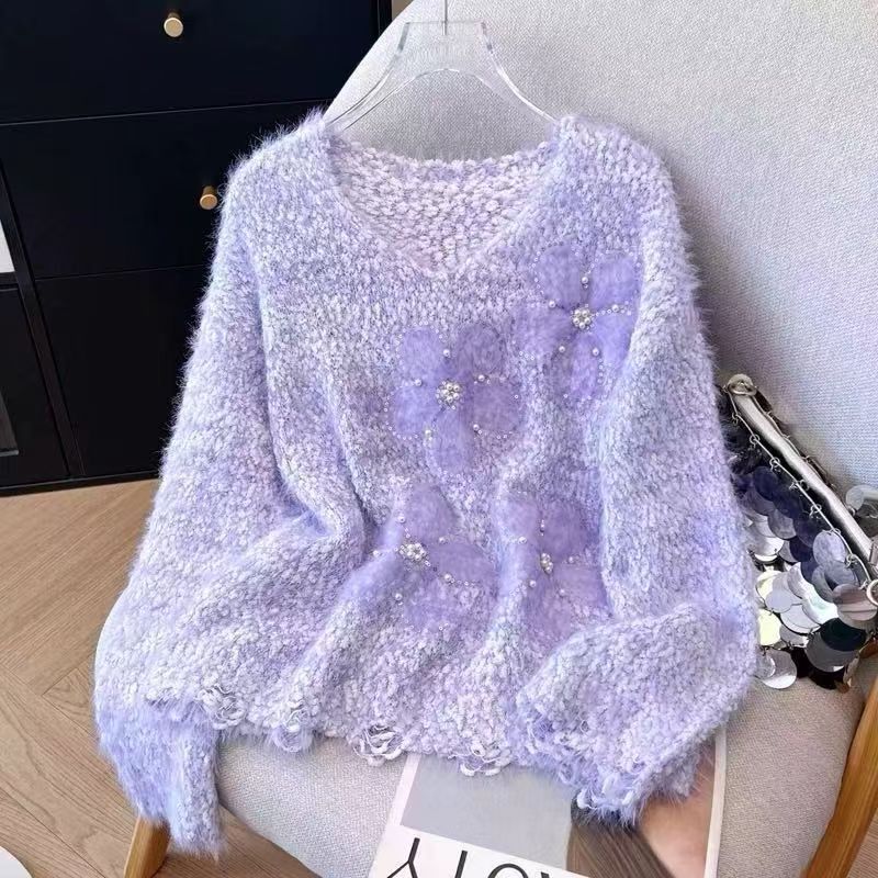 Damen kuscheliger Pullover mit floralen Applikationen Drune