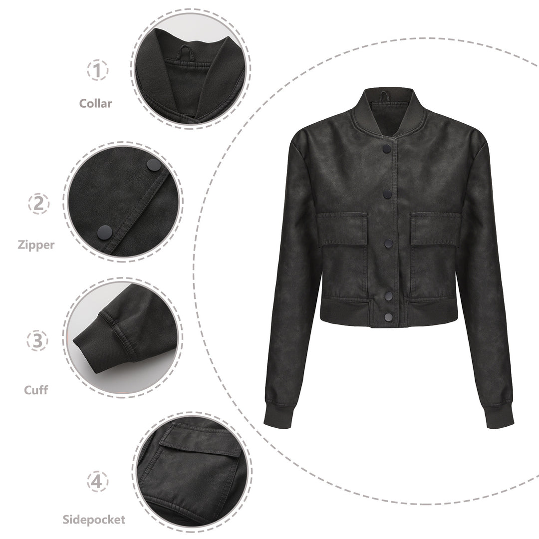 Damen nan kurze Crop-Kunstlederjacke im Blousonstil mit Druckknopffront und aufgesetzten Pattentaschen Drune