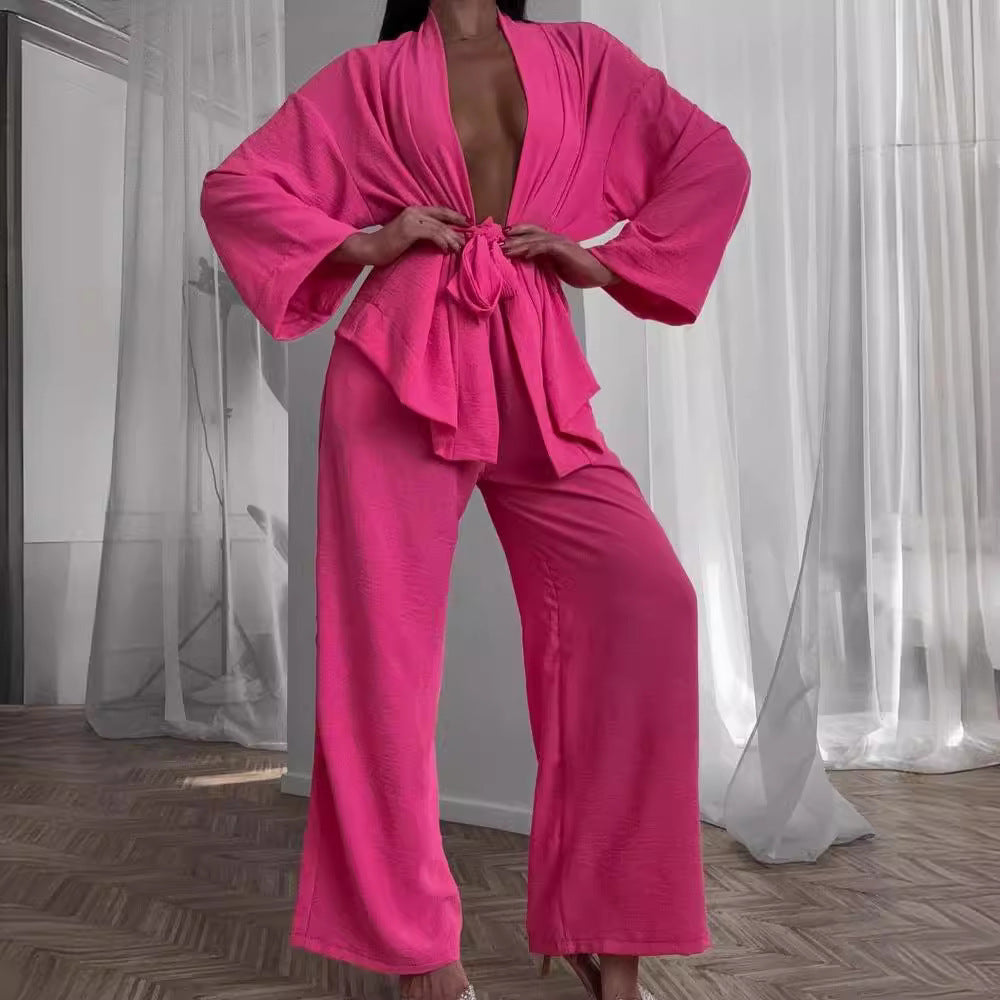 Damen Lässiges Set mit weit geschnittenem Kimono und hoher Taille Drune
