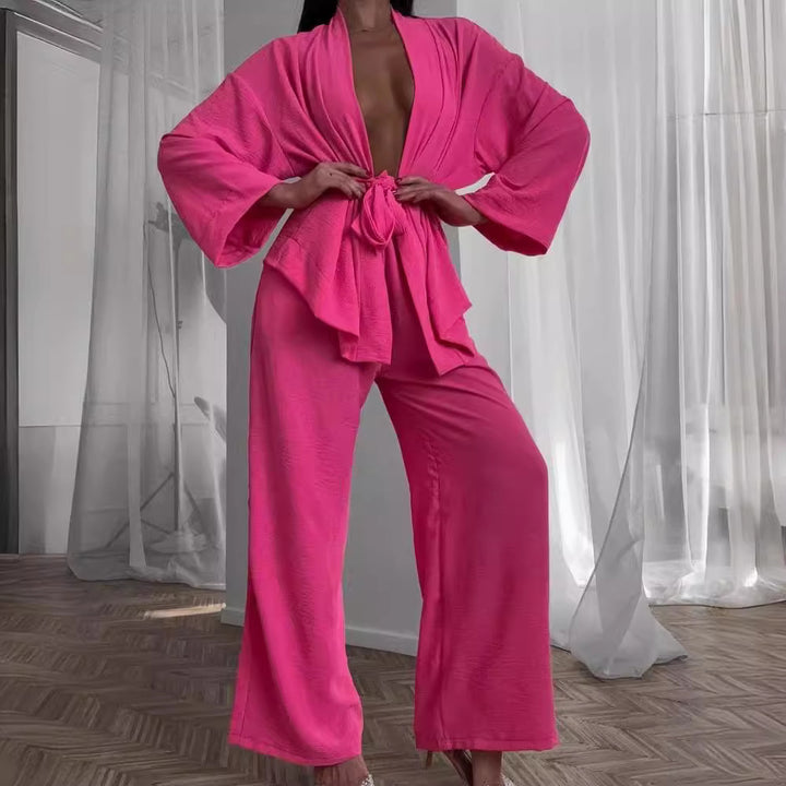Damen Lässiges Set mit weit geschnittenem Kimono und hoher Taille Drune