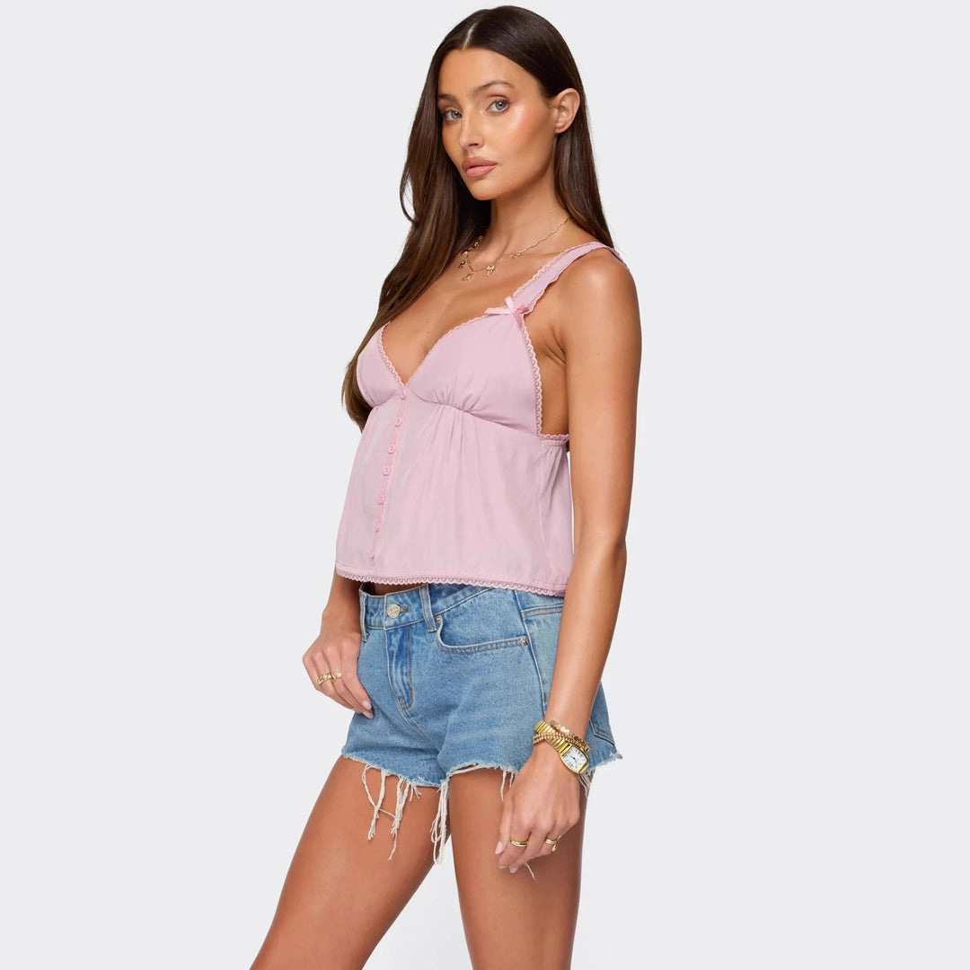 Damen Crop-Top aus feiner Baumwolle mit dekorativen Knopfdetails Drune