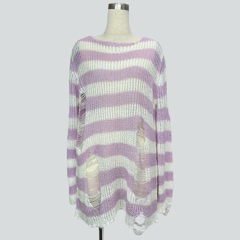 Damen nan Oversized Grobstrickpullover mit breiten Blockstreifen und aufgerissenem Design Drune