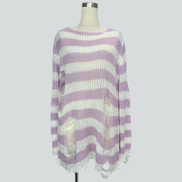 Damen nan Oversized Grobstrickpullover mit breiten Blockstreifen und aufgerissenem Design Drune