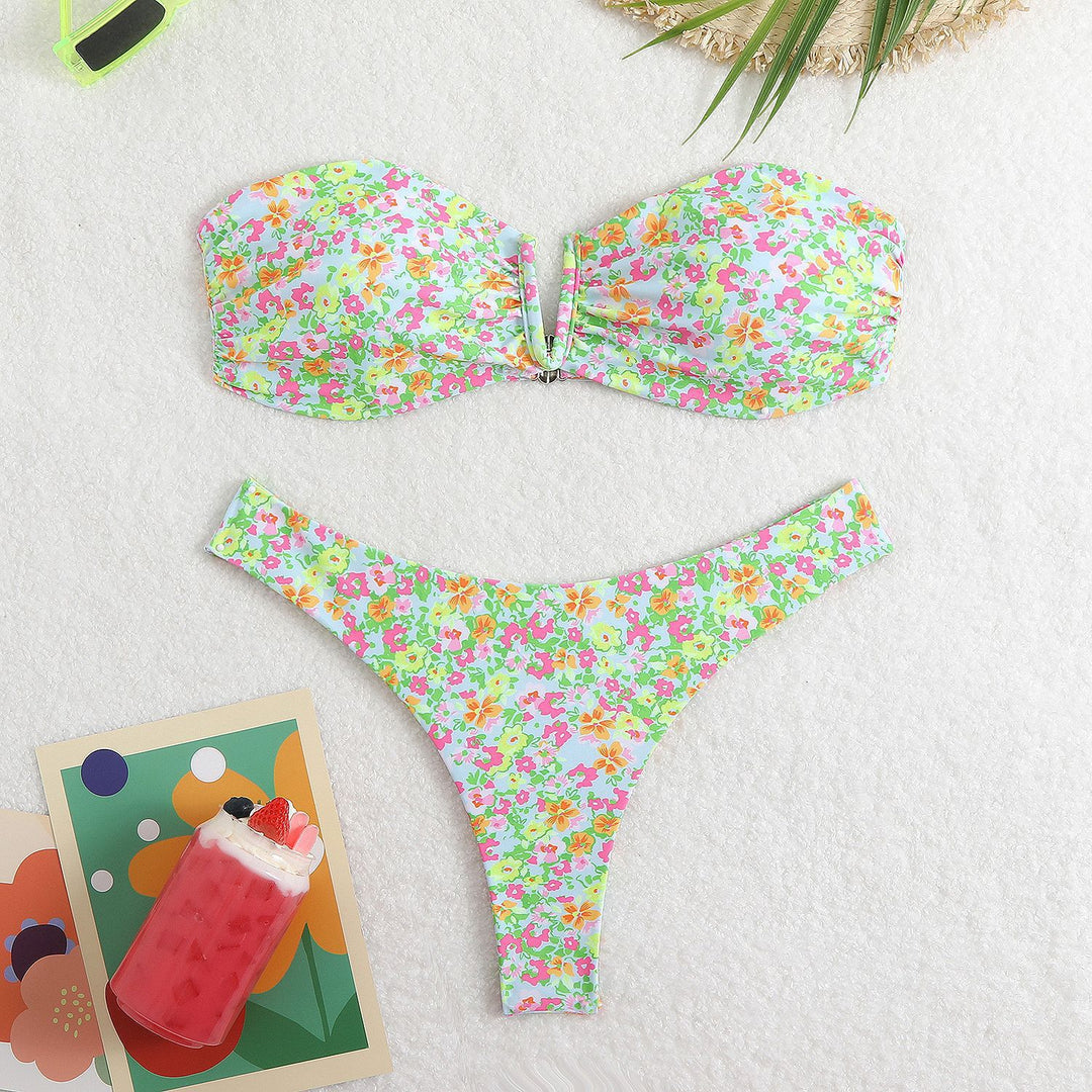 Damen Bandeau-Bikini mit floralem Design und elegantem Verschluss Drune
