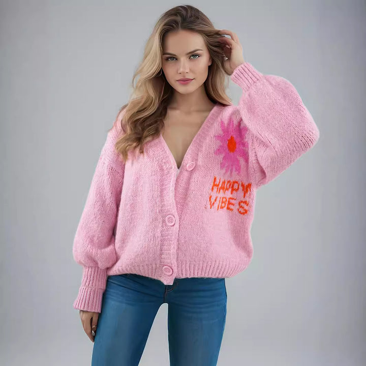 Damen verspielte Strickjacke mit buntem Blumenmotiv und großen Knöpfen Drune