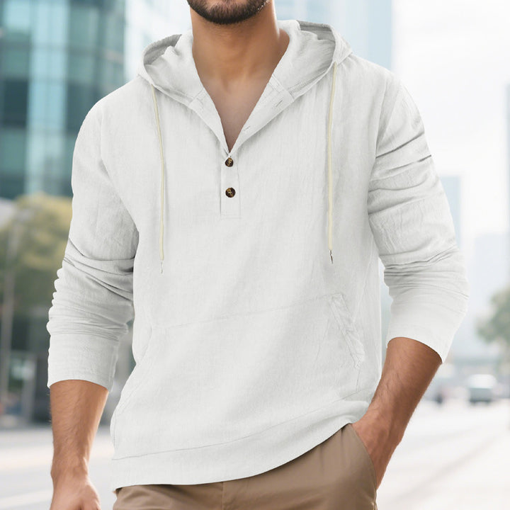 Herren nan Leinenoptik Henley-Kapuzenpullover mit Knopfleiste und Kängurutasche Drune