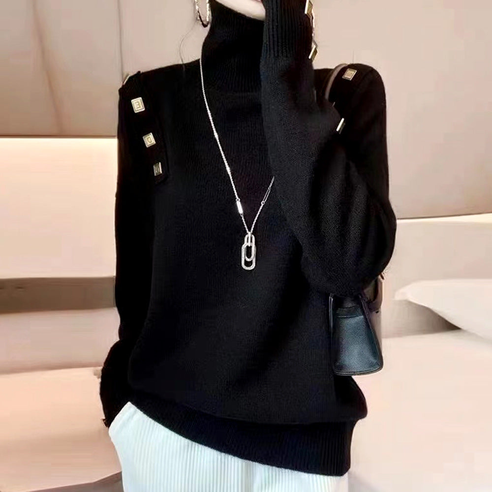Damen Rollkragenpullover mit dekorativen Knopfdetails Drune