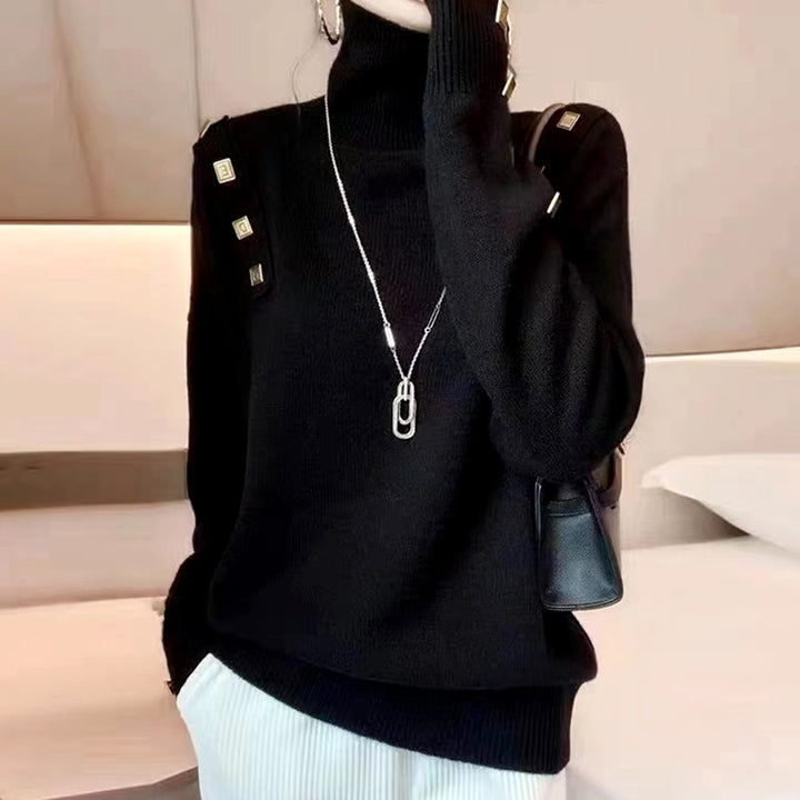Damen Rollkragenpullover mit dekorativen Knopfdetails Drune