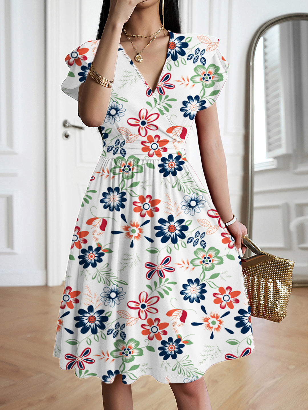 Damen Wickelkleid mit voluminösen Ärmeln und femininem V-Ausschnitt Drune