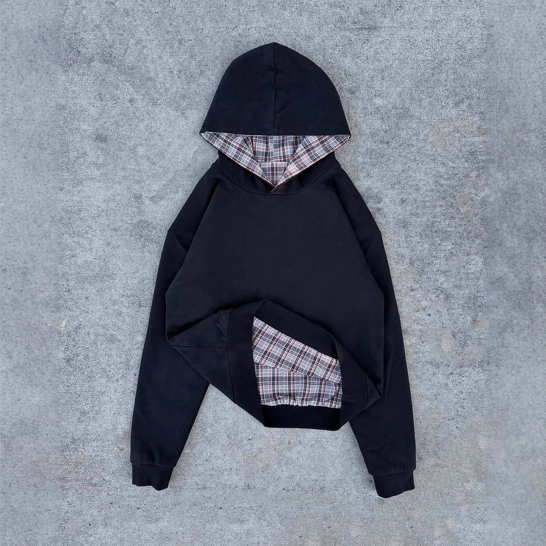 Damen lässiger Kapuzenpullover mit gestepptem Innenfutter und kontrastierendem Karomuster Drune