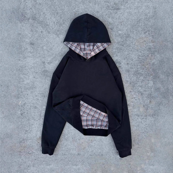 Damen lässiger Kapuzenpullover mit gestepptem Innenfutter und kontrastierendem Karomuster Drune