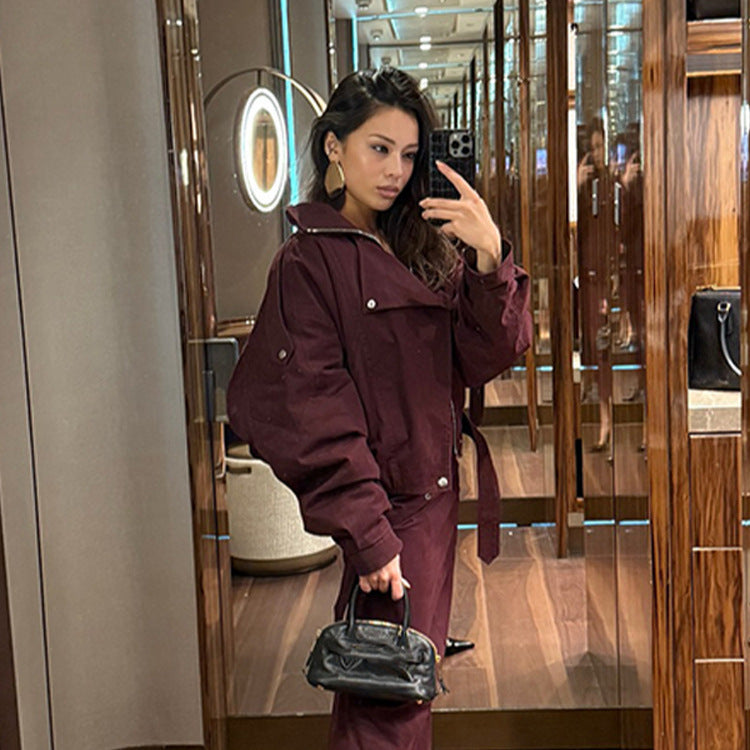 Damen moderne Oversized-Jacke mit Stehkragen und Taillengürtel Drune