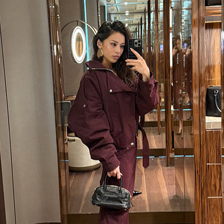 Damen moderne Oversized-Jacke mit Stehkragen und Taillengürtel Drune