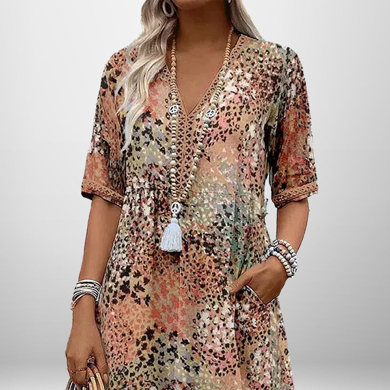 Damen Tunika-Kleid mit auffälligem Muster und modernem V-Ausschnitt Drune