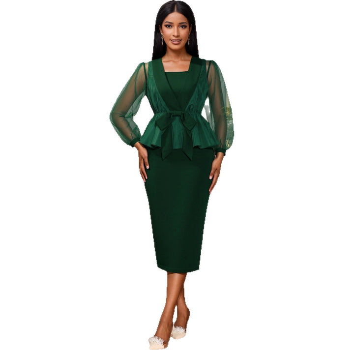 Damen elegantes Kleid mit transparentem Ärmel und tailliertem Gürtel Drune