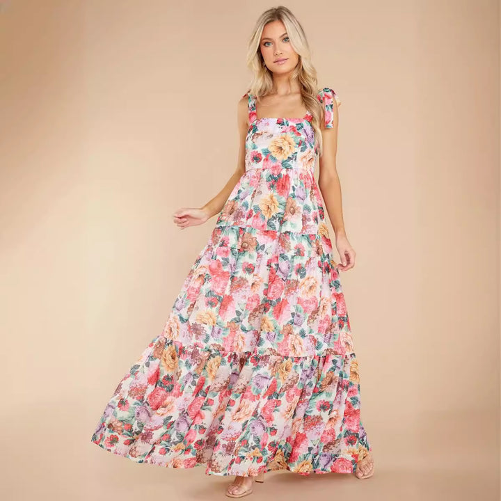 Damen Boho Maxikleid mit verspielten Rüschendetails und Trägern Drune