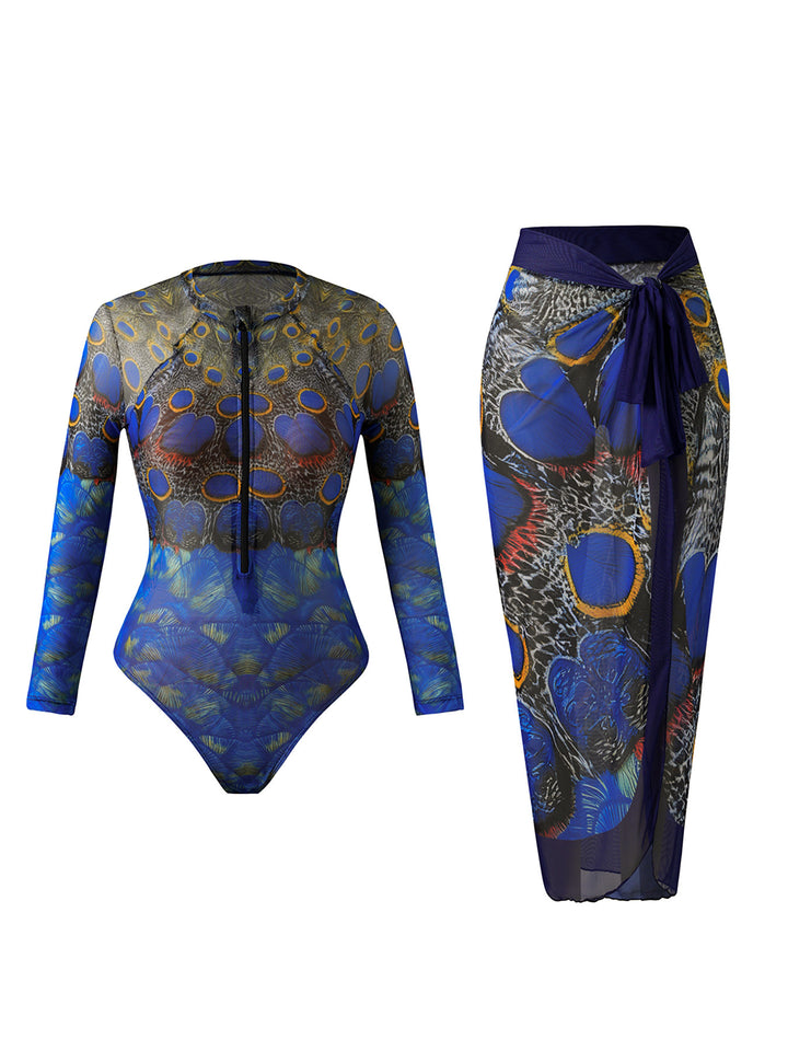 Damen Eleganter Badeanzug mit langem Arm und transparente Wickelrock Drune