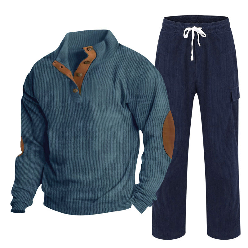 Herren nan Strick-Freizeitset mit Knopfleiste und Ellenbogenaufnähern sowie Cord-Cargohose Drune