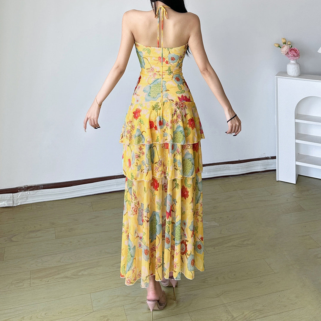 Damen fließendes Maxi-Kleid mit Blumenmuster und Rüschen Drune