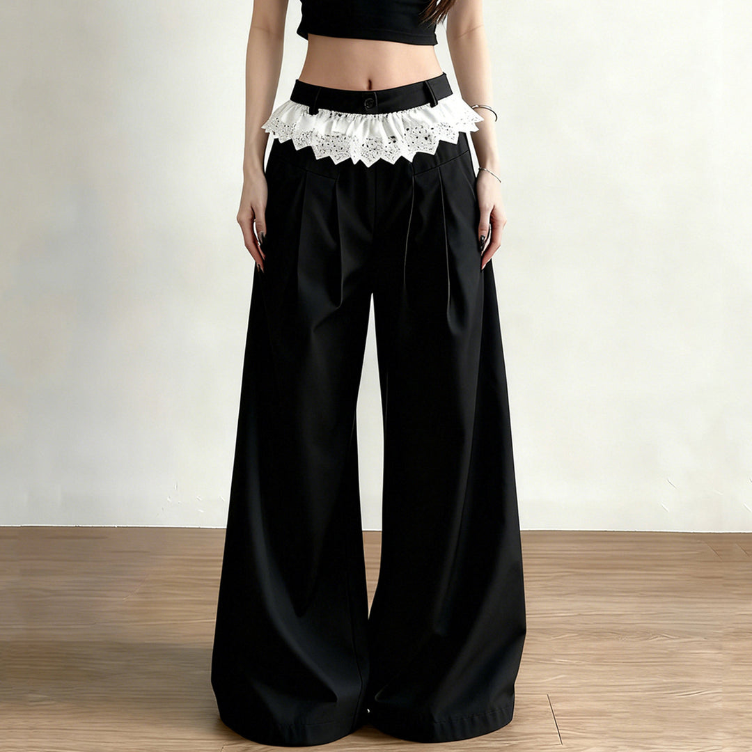 Damen Elegante weite High-Waist-Hose mit Spitzenbesatz Drune