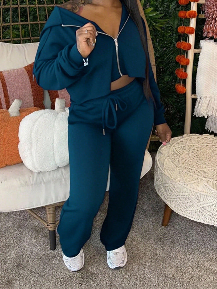 Damen lässiges Set mit cropped Zip-Pullover und bequemen Jogginghosen Drune
