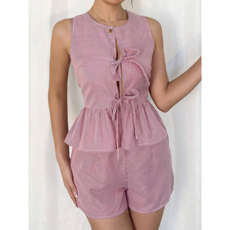 Damen Sommerliches Zweiteiliges Set mit Rüschendetails und verziertem Oberteil Drune
