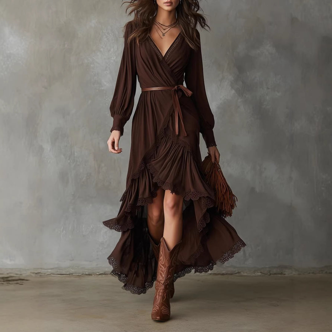 Damen Wickelkleid mit Spitzendetails und fließendem Saum Drune