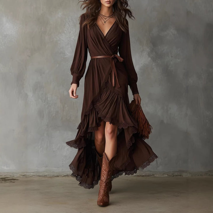 Damen Wickelkleid mit Spitzendetails und fließendem Saum Drune