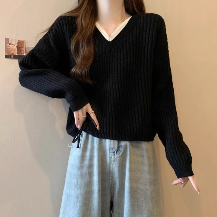 Damen lässiger V-Ausschnitt Pullover mit Rippstruktur und modischen Seitenschnüren Drune
