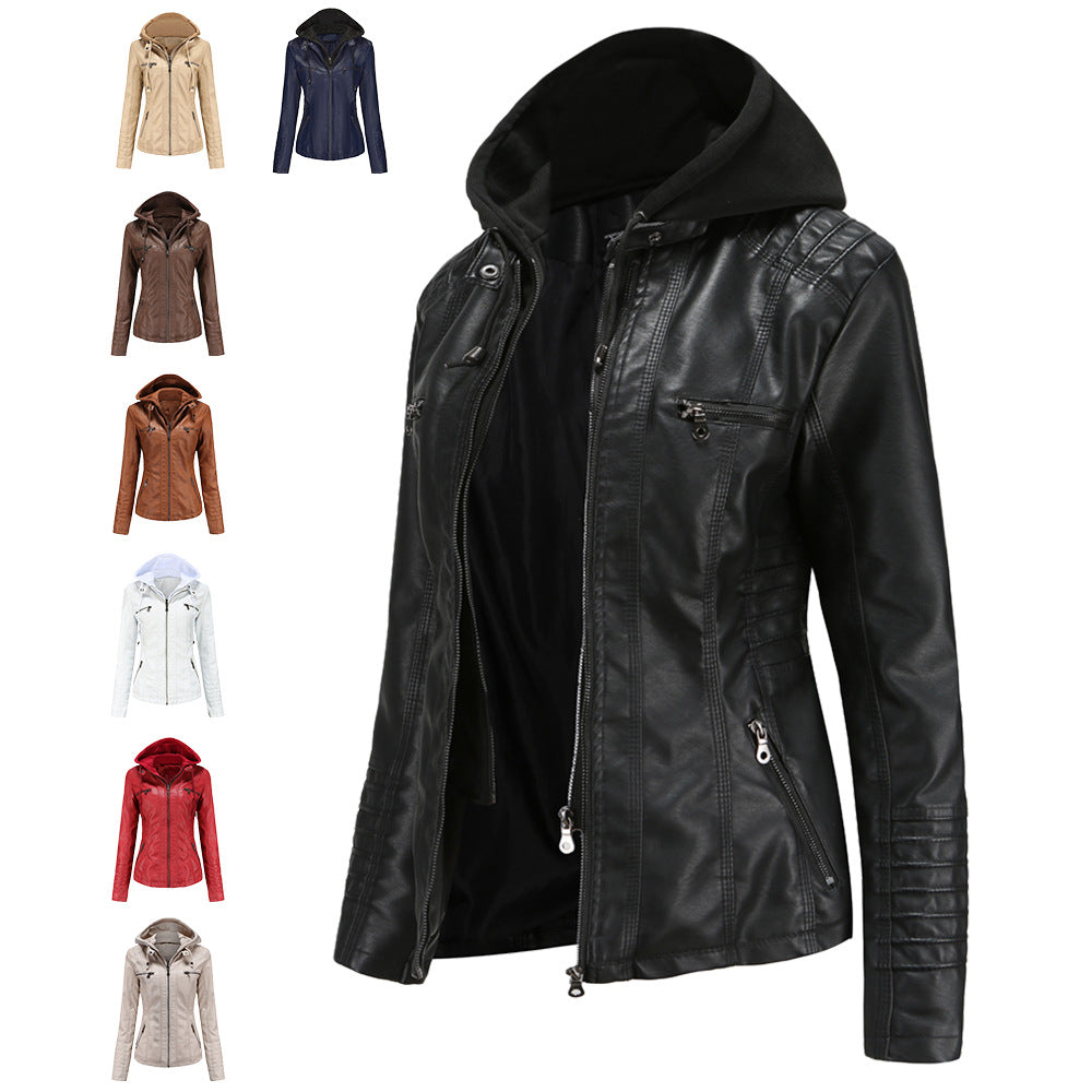 Damen nan taillierte Kunstlederjacke mit Kapuze, gesteppter Armblende und verdeckten Reißverschlusstaschen Drune