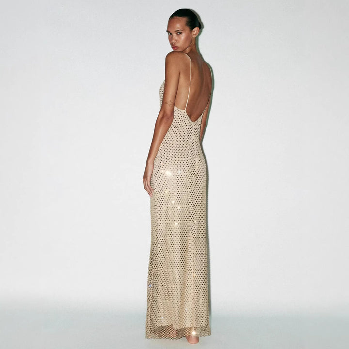 Damen Elegantes Maxikleid mit raffinierten Netzdetails und schmalen Spaghettiträgern Drune