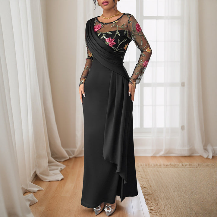 Damen elegantes Maxikleid mit floralem Spitzeinsatz und asymmetrischem Saum Drune