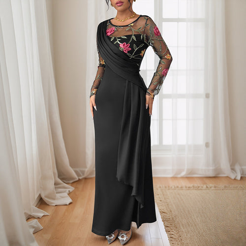 Damen elegantes Maxikleid mit floralem Spitzeinsatz und asymmetrischem Saum Drune