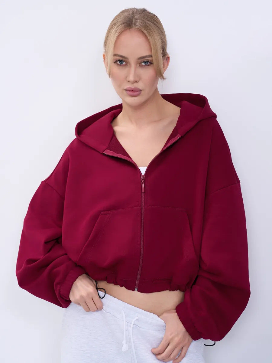 Damen Cropped Kapuzenjacke mit Reißverschluss und übergroßen Ärmeln Drune