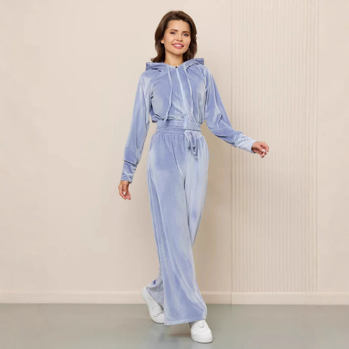 Damen Modisches Fleece-Set mit tailliertem Hoodie und weit geschnittenen Hosen Drune
