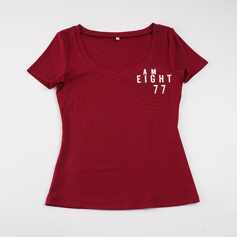 Damen Kurzarmshirt mit V-Ausschnitt und grafischem Print Drune