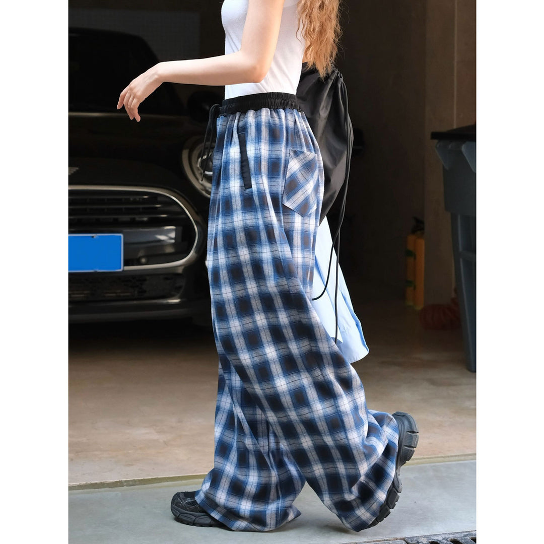 Damen Bequeme Karohose mit elastischem Bund und seitlichen Taschen Drune