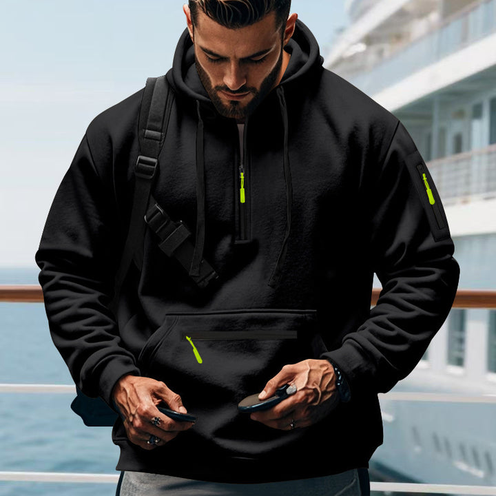 Herren nan technischer Half-Zip Hoodie mit Kängurutasche, Ärmeltasche und Reißverschluss-Details Drune