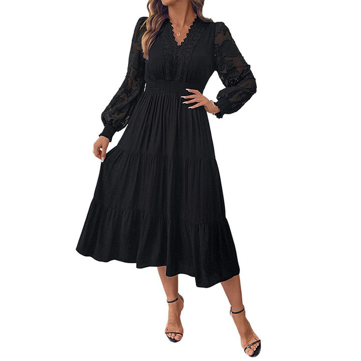 Damen Maxikleid mit breiten Puffärmeln und feinen Rüschendetails Drune