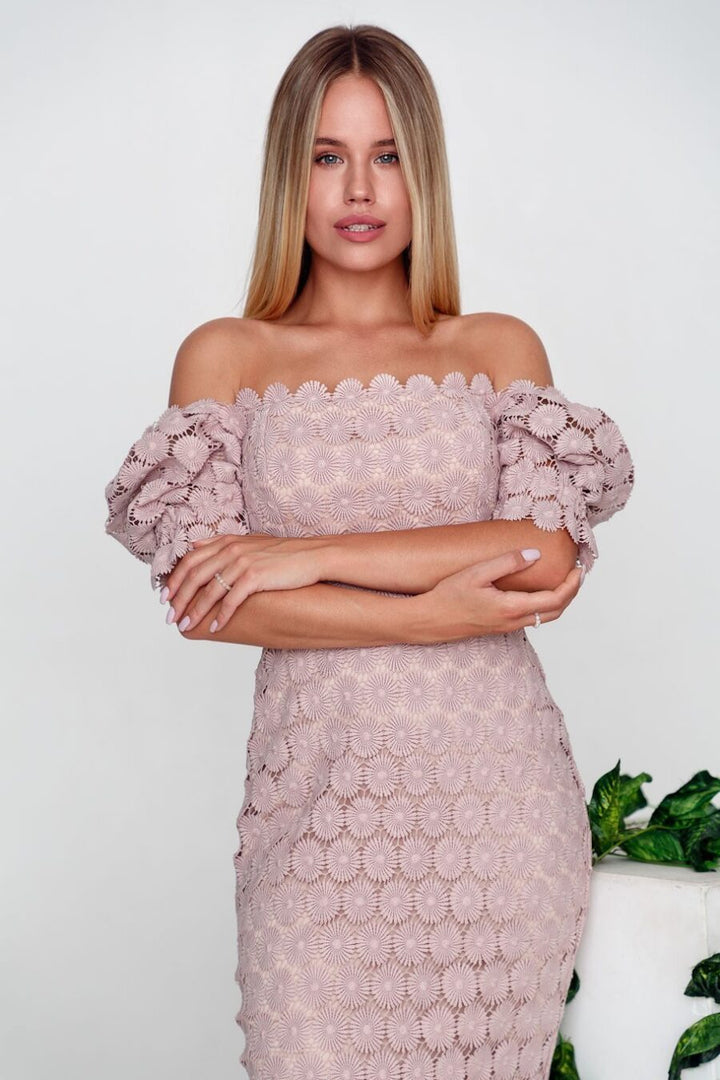 Damen Spitzenkleid im romantischen Blumendesign mit Puffärmeln Drune